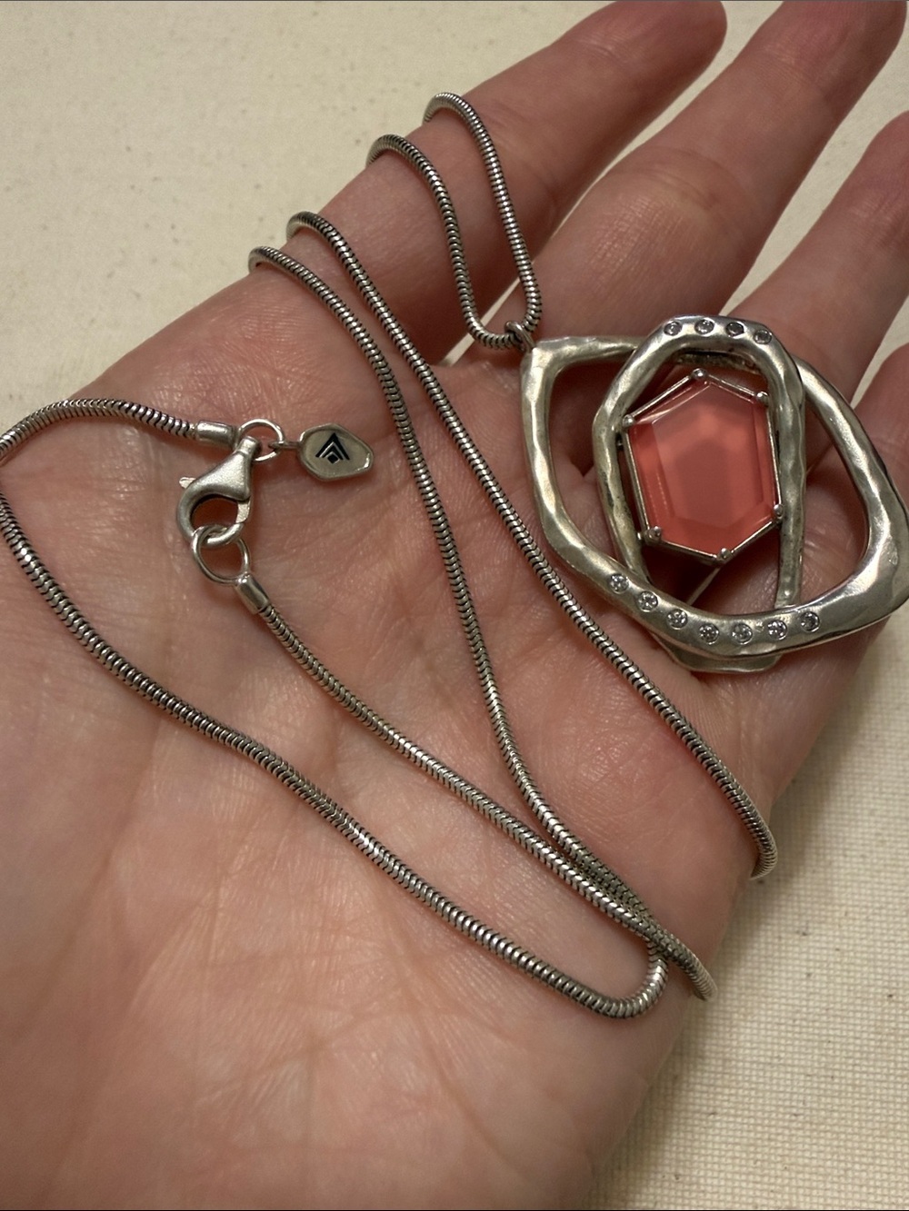 Lovely Sterling Silver 925 Necklace W/Pink Gemstone Pendant 26.5’ chain